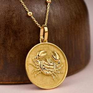14K Solid Gold Cancer Zodiac Sign Necklace, Dainty Gold Necklace For Women, Cancer Star Sign Necklace Gold, Zodiac Sign Gold Coin Necklace