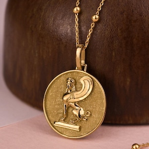 14K Gold Greek Goddess Sphinx Necklace For Women, Greek Mythology Jewelry, Sphinx Statue Pendant, Personalized Pendant, Woman Headed Lion