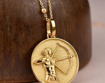 14K Solid Gold Sagittarius Zodiac Sign Necklace For Women, Dainty Sagittarius Coin Pendant, Personalized Zodiac Sign Gift, Layering Necklace