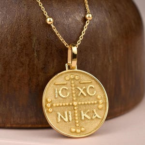 14K Solid Gold Konstantinato Cross Necklace For Women, Gold Greek Cross Necklace, Eastern Orthodox ICXC NIKA Coin Pendant, Christening Gift