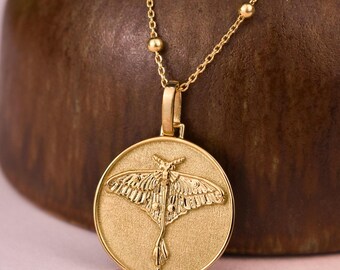 14K Gold Luna Moth Necklace For Women, Beaded Layering Necklace, Moth Butterfly Jewelry, Personalized Pendant, Death's-head Hawkmoth Charm