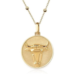 14K Gold Bull Head Necklace, Taurus Zodiac Sign Necklace, Personalized Bull Medallion, Gold Coin Charm, Good Luck Amulet, Good Fortune Disc