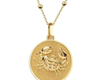 Halsband i massivt guld med stjärntecken Kräftan, Elegant guldhalsband för kvinnor, Halsband med stjärntecken Kräftan i guld, Halsband med stjärntecken i guld med mynt