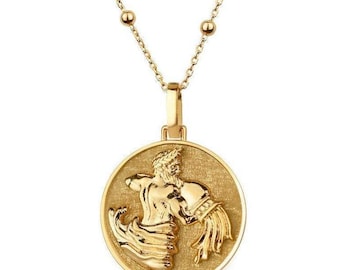 14K Gold Aquarius Zodiac Sign Necklace, Dainty Zodiac Gold Coin Necklace, Women Aquarius Zodiac Sign Charm, Zodiac Sign Gift Necklace