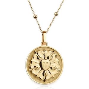 14K Gold Luther Rose Necklace, Lutheran Cross Pendant Medal, Martin Luther Seal Of Reformation Jewelry, Baptism Gift, Christening Necklace
