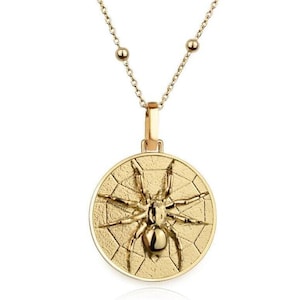 14K Gold Spider Necklace, Tarantula Gold Disc Charm, Man Spider Necklace, Arachne Necklace, Gold Gothic Necklace, Gold Spider Jewelry