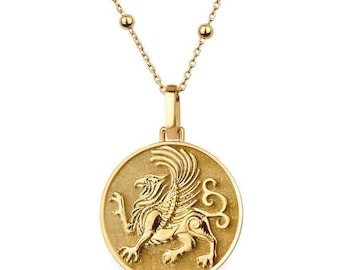 14K Gold Der Griffin Halskette, Griffin Fabelwesen Anhänger, Greifen Vogel Schmuck, Löwe Adler Medaillon, Schichtung Goldmünze Halskette