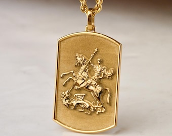 14K Gold Saint George Dog Tag Halskette, Saint George Anhänger Schmuck, Seil Kette Halskette, Christian Saint Halskette, personalisierte Hundemarke