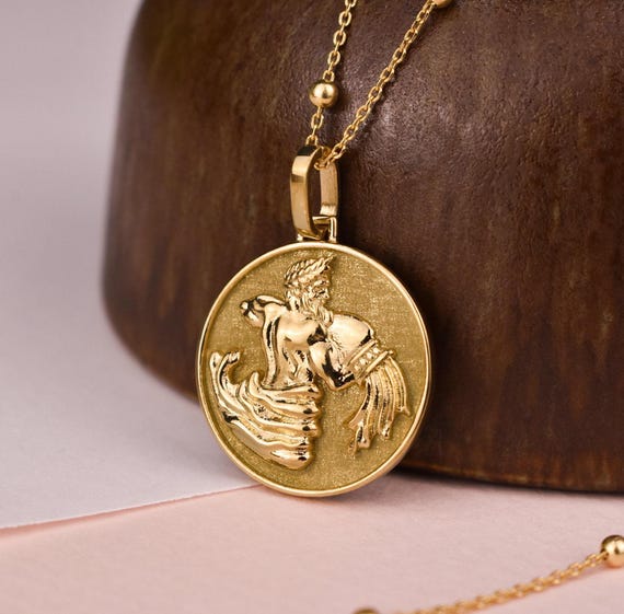 14K Gold Aquarius Zodiac Sign Necklace, Dainty Zodiac Gold Coin Necklace,  Women Aquarius Zodiac Sign Charm, Zodiac Medallion Gift