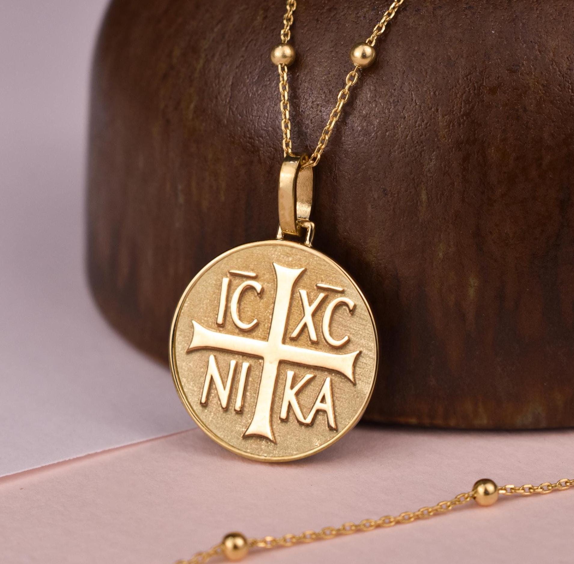 14K Solid Gold ICXC NIKA Cross Necklace, Byzantine Orthodox