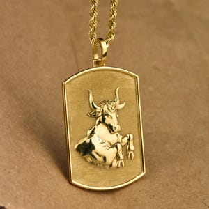 14K Gold Taurus Dog Tag Necklace, Zodiac Taurus Pendant Jewelry, Rope Chain Necklace, Astrological Sign Necklace, Personalized Dog Tag