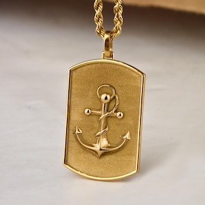 14K Gold Anchor Dog Tag Necklace, Nautical Anchor Pendant Jewelry, Rope Chain Necklace, Sailor Maritime Necklace, Personalized Dog Tag