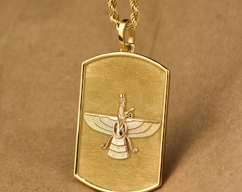 14K Gold Faravahar Dog Tag Halskette, Zoroastrian Faravahar Anhänger Schmuck, Seil Kette Halskette, spirituelle Symbol Halskette, personalisierte Marke