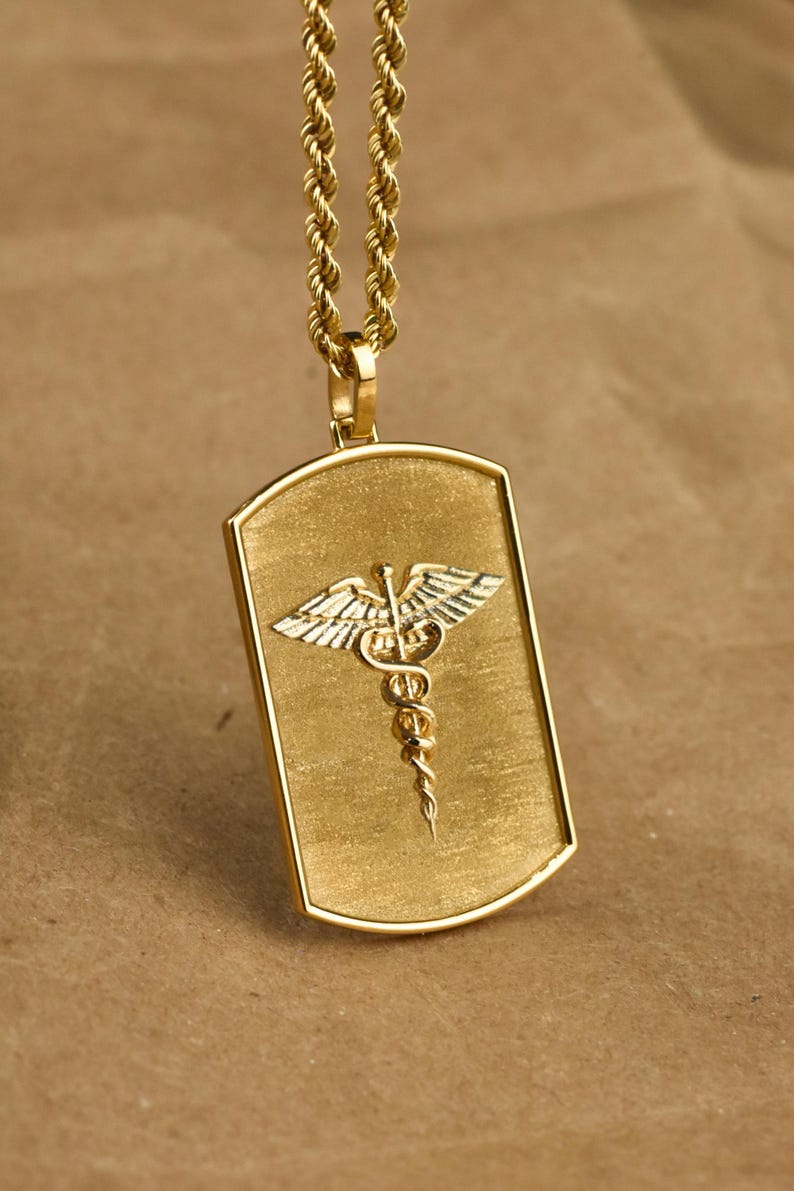14K Gold Medic Dog Tag Necklace, Medical Symbol Pendant Jewelry, Rope ...
