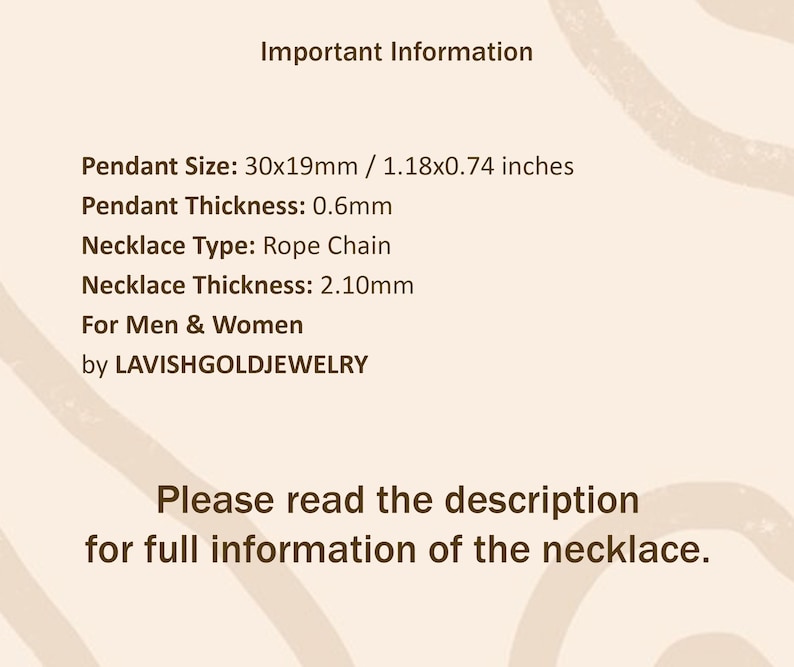 May include: Important Information. Pendant Size: 30x19mm / 1.18x0.74 inches. Pendant Thickness: 0.6mm. Necklace Type: Rope Chain. Necklace Thickness: 2.10mm. For Men & Women. by LAVISHGOLDJEWELRY. Please read the description for full information of the necklace.