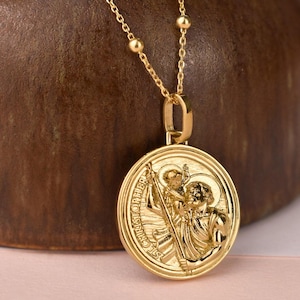 14K Gold Saint Christopher Necklace, St Christopher Protection Medal, Catholic Travellers Pendant, Get Back Necklaces, Gold Surf Necklace