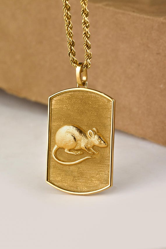 【RATS】 DOG TAG NECKLACE 14K Gold Rat Dog Tag Necklace, Dainty Chinese Zodiac Charm