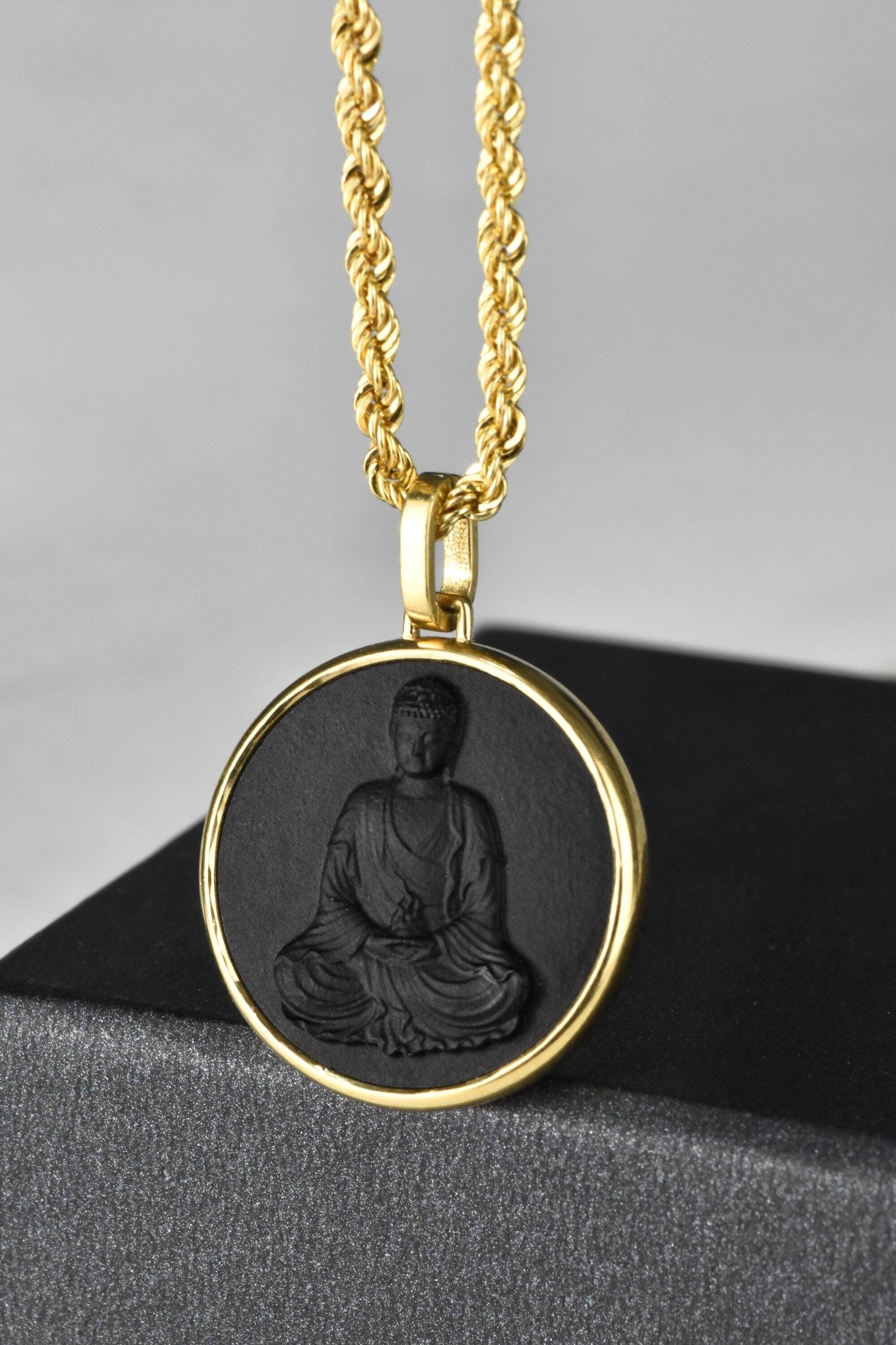 14K Gold Onyx Buddha Necklace, Personalized Zen Buddha