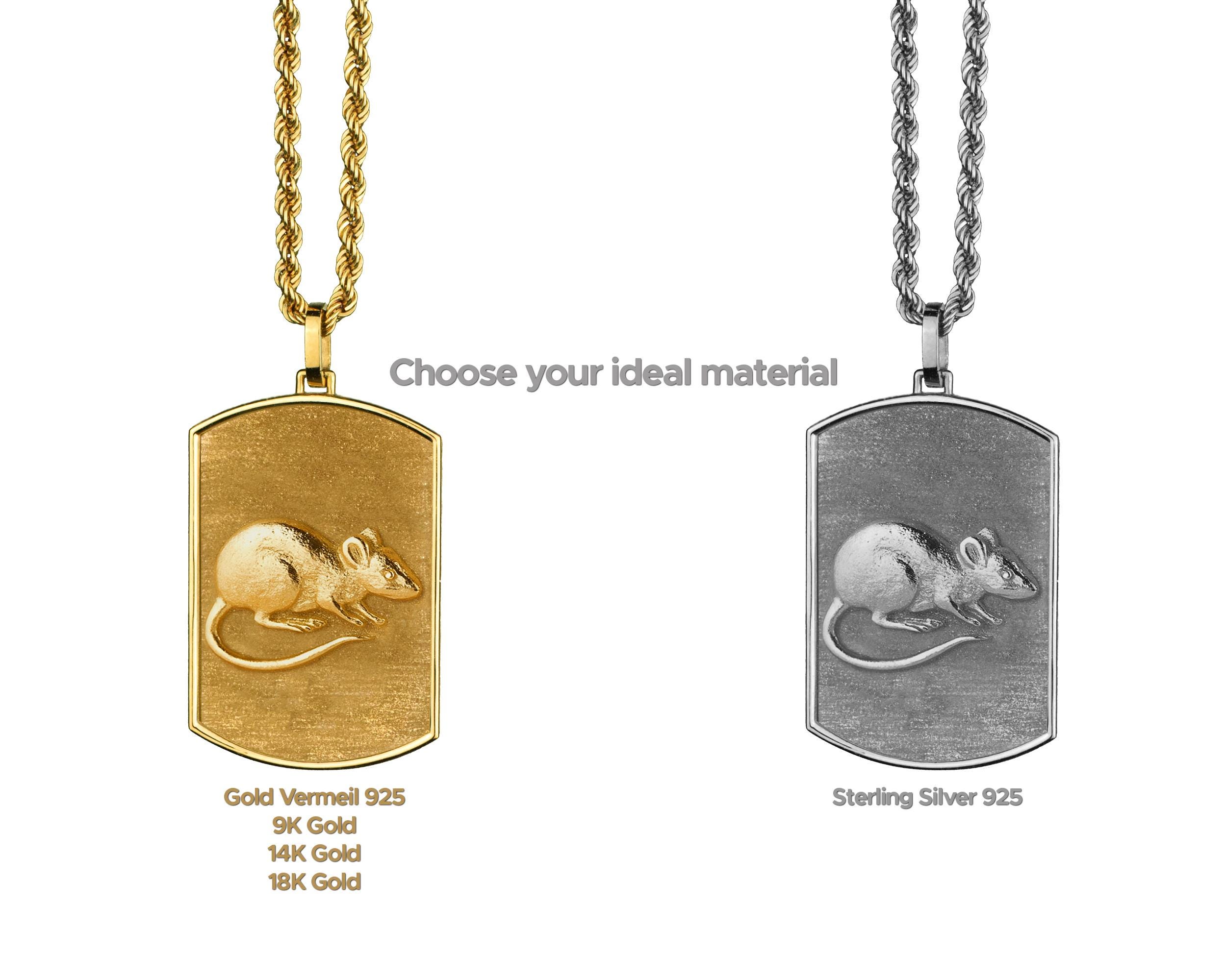 【RATS】 DOG TAG NECKLACE 14K Gold Rat Dog Tag Necklace, Dainty Chinese Zodiac Charm