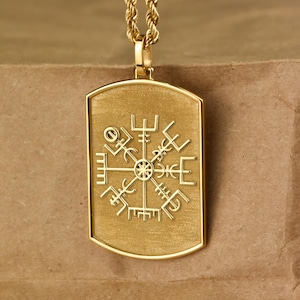 14K Gold Vegvísir Dog Tag Necklace, Viking Compass Pendant Jewelry, Rope Necklace, Nordic Protection Symbol Necklace, Personalized Dog Tag