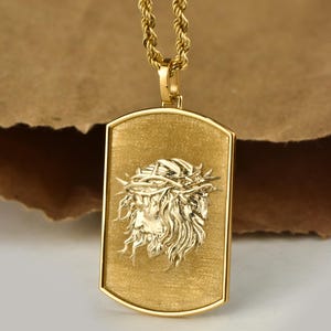 Collar con placa de identificación con cabeza de Jesús en oro de 14 quilates, colgante cristiano de Jesús, cadena de cuerda, collar de fe religiosa, placa de identificación personalizada