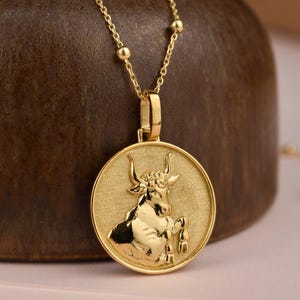 14K Solid Gold Taurus Zodiac Sign Necklace, April & May Zodiac Jewelry, Personalized Taurus Birthday Gift, Zodiac Necklaces For Women