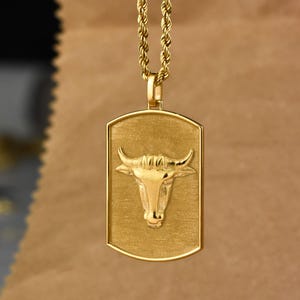14K ゴールド ブル ドッグタグ ネックレス、牡牛座 ブル ペンダント ジュエリー、ロープ チェーン ネックレス、星座 ブル ネックレス、パーソナライズ ドッグタグ、4 月 5 月