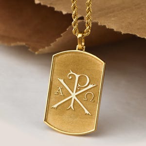 Collar con placa de identificación Chi Rho de oro de 14 quilates, colgante cristiano Chi Rho, cadena de cuerda, símbolo religioso, placa de identificación personalizada