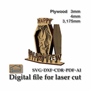 Plik cyfrowy do cięcia laserowego. Dekoracja na Halloween. Plik SVG Trumna ze sklejki lub MDF na maszynie laserowej. Halloween SVG