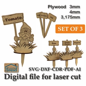 Ensemble de 3 types de marqueurs de jardin - fichier découpé au laser, SVG, CDR, PDF, ai, dxf