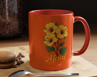 Maui Hibiscus Mug, Tropical Coffee Cup, Hawaiian Floral Kitchen Decor, Yellow Flower Tea Mug, Gift for Gardeners, Maui Souvenir Ceramic Mug