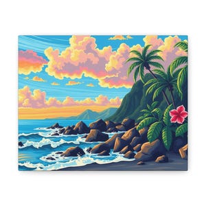 Maui Art Canvas, Tropical Island Wall Art Decor, Hawaiian Sunset Painting, Beach House Decoration, Coastal Home Gifts, Ocean Theme Living