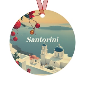 Metal Ornaments, Santorini Greece Ornament - Unique Holiday Decor, Travel Souvenir, Christmas Gift, Tree Decoration, Mediterranean Home