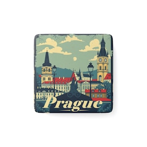 Porcelain Magnet - Prague Souvenir, Square Fridge Decor, Travel Gift, European Cityscape Kitchen Decoration, Czech Republic Keepsake