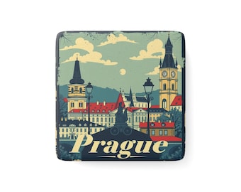 Porcelain Magnet - Prague Souvenir, Square Fridge Decor, Travel Gift, European Cityscape Kitchen Decoration, Czech Republic Keepsake