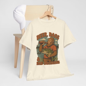 Fishing Enthusiast Tee: Beer, Bass & Bad Decisions - Funny Graphic Shirt, Outdoors Gift, Summer Wear, Fishing Apparel, Humorous T-Shirt
