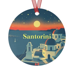 Metal Ornament, Santorini Greece Ornament, Cute Keepsake, Travel Gift, Holiday Decor, Mediterranean Souvenir