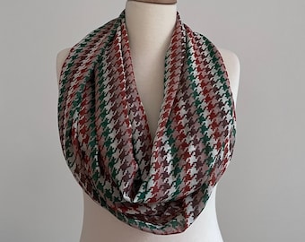 houndstooth chiffon infinity scarf, brown beige green red houndstooth scarf, lightweight circle scarf, scarf gift for mom teacher grandmom