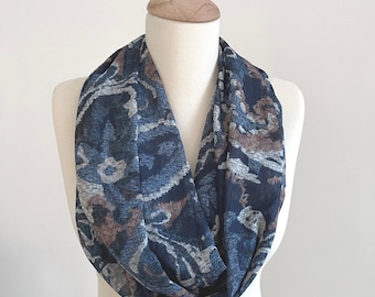 Blue Paisley Chiffon Infinity Scarf: Lightweight Loop Scarf