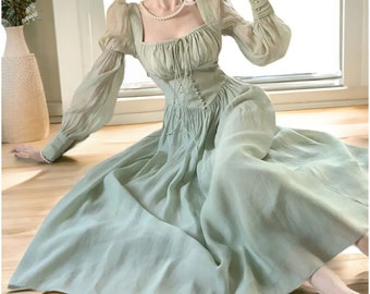 Victorian Elegant Lantern Dress, Renaissance Corset Midi Lace Up Dress, Victorian Green Dress,1800's Victorian Dress