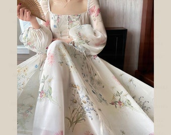 Chiffon Long Sleeve Dress, Fairy Milkmaid Cottagecore Dress, Floral Print Tulle Prom Attire, Evening Party Midi Dress, Vintage Dress