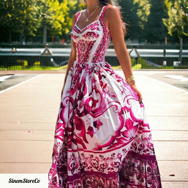 Elegant Floral Print Midi Long Dress, Homecoming Dress, Floral Vintage Dress, Summer & Spring Dresses, Boho Dress, Elegant Dress for Women