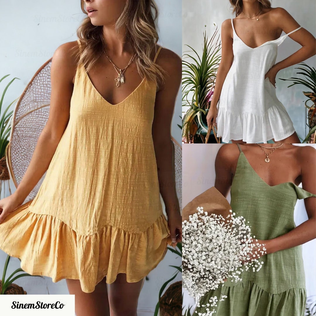 V Neck Solid Color Mini Dress, Sleeveless Mini Dress, Women's Solid ...