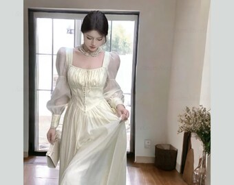 Abito vittoriano elegante a lanterna, abito midi con lacci con corsetto rinascimentale, abito beige vittoriano, abito vittoriano del 1800