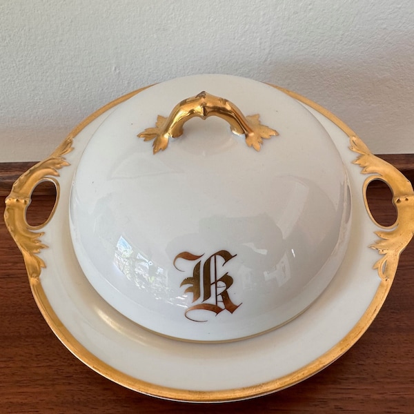Antique Haviland BUTTER-CHEESE dish from France-monogram dome white w/gilded gold trim/shabby chic/mother's day/bridal wedding/tea party