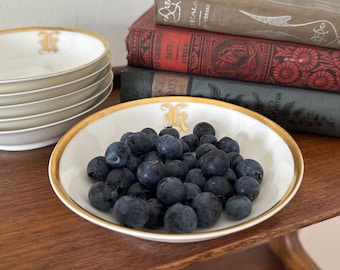 Set of 6 Antique HAVILAND FRUIT BOWLS. Small bowl/finger bowl/trinket dish/side dish/tea party gift idea. white w/gold trim, monogram