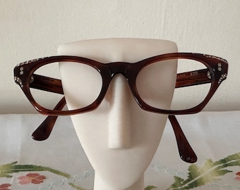 Vintage 1960s L. EVRARD TWEC Frame France eyeglass with rhinestones. Dark brown plastic. no lens/fashion frames/tortoise shell/cat eyes/mod
