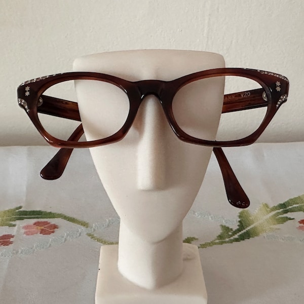 Vintage 1960s L. EVRARD TWEC Frame France eyeglass with rhinestones. Dark brown plastic. no lens/fashion frames/tortoise shell/cat eyes/mod