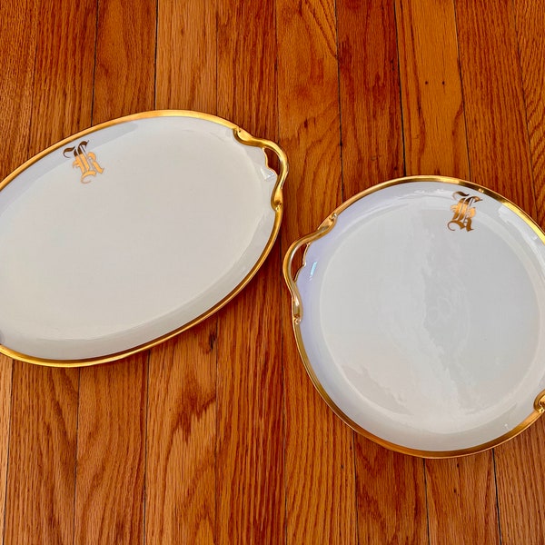 Antique HAVILAND PLATTERS, cake-pie-tart plate and oval serving platter, 2-handled, from France, monogram white w/gilded gold trim/tea party