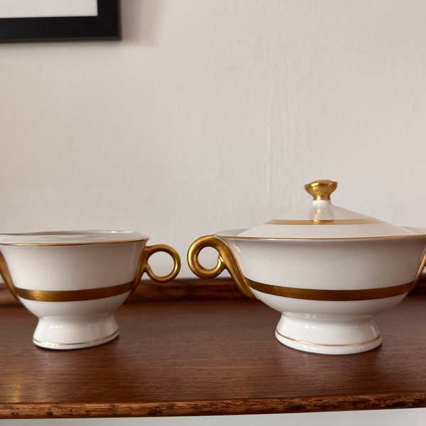 Vintage THEODORE HAVILAND, New York  // 1950s MCM "Claridge" creamer and sugar bowl, white wedding band design w/gilded gold trim